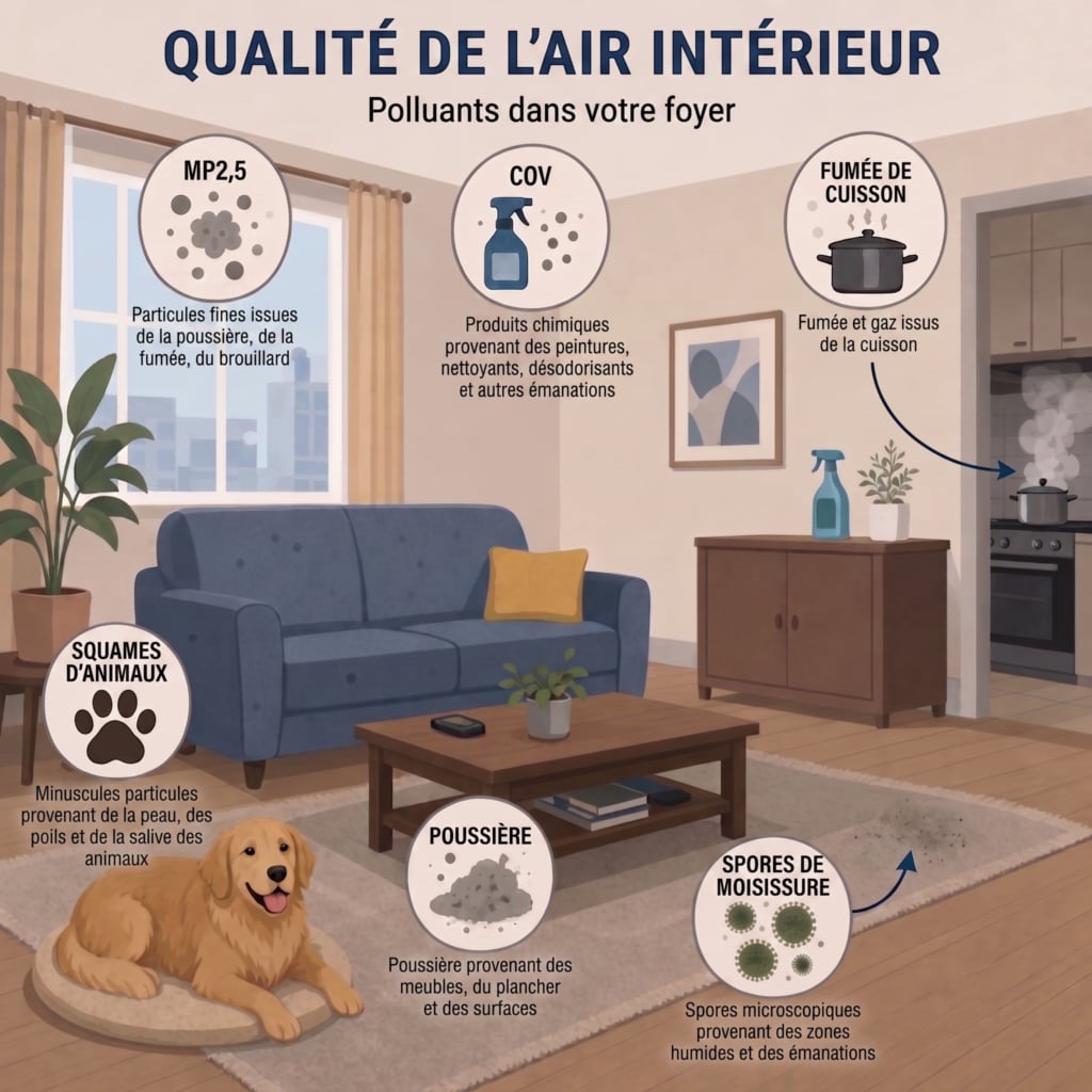 Les polluants de l'air intérieur comprennent les PM2,5, les COV, la fumée de cuisson, les squames d'animaux, la poussière et les spores de moisissure