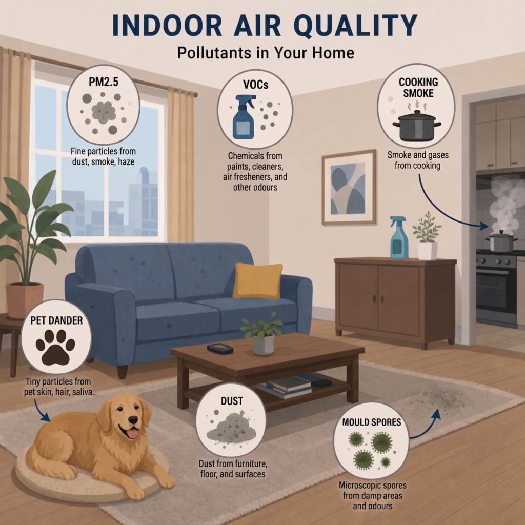 Indoor air pollutants include PM2.5s, VOCs, Cooking Somke, Pet Dander, Dust and Mould Spores