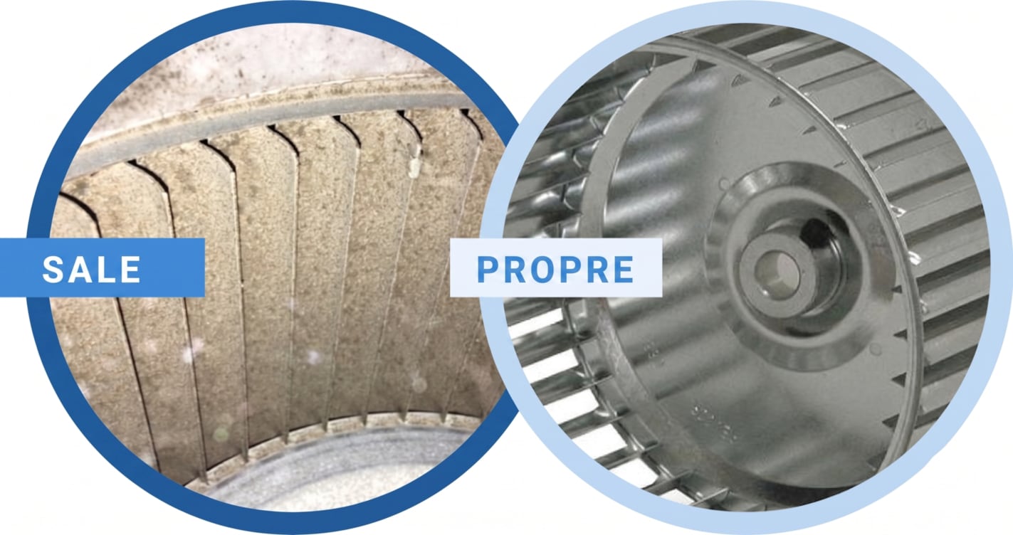 Comparaison côte à côte d'un ventilateur-souffleur CVCA propre et d'un ventilateur encrassé