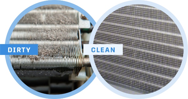 Side-by-side comparison of a clean and a dirty HVAC coil